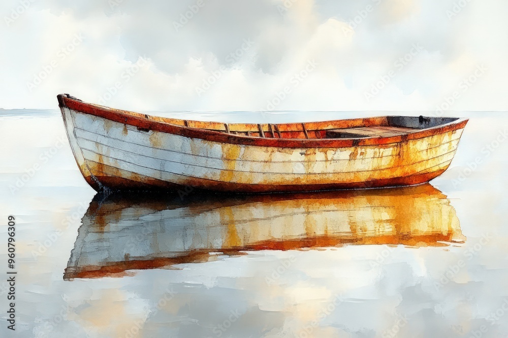 A lone, weathered wooden boat rests in calm water, reflecting the cloudy sky above. A lone, weathered wooden boat rests in calm water, reflecting the cloudy sky above.