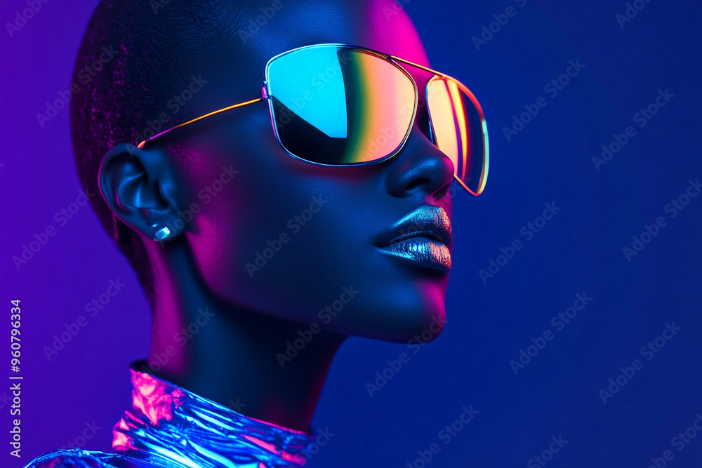 Trendy Woman in Silver Futuristic Suit with Solid Neon Blue Background Fashion Lifestyle Portrait, Modern and Eye catching Trendy Woman in Silver Futuristic Suit with Solid Neon Blue Background Fashion Lifestyle Portrait, Modern and Eye catching