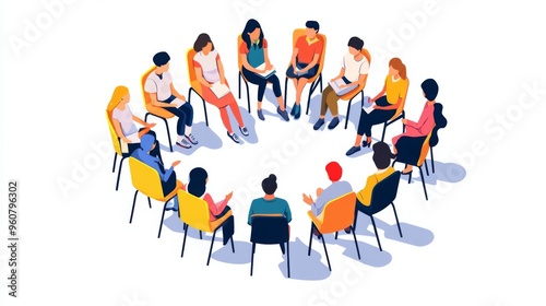 A vibrant illustration showing a group of diverse individuals sitting in a circle engaging in a discussion, emphasizing communication, community, and connection.