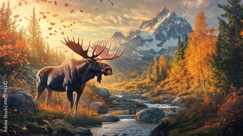 A breathtaking scene of a majestic moose standing by a stream in a colorful autumn landscape, surrounded by towering mountains and vibrant foliage, under a sunset sky.