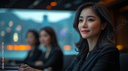 A confident businesswoman in a meeting room with colleagues in the background, showcasing leadership and professionalism in a corporate setting with a city view behind.