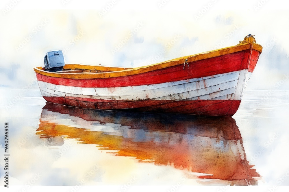 Obraz premium A red, white, and yellow boat with a small motor is floating in a calm body of water with a reflection in the water. The sky is light blue with white clouds.