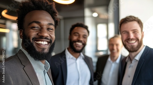 Men of various ethnic backgrounds and career paths collaborating in a modern office, representing diversity in the workforce