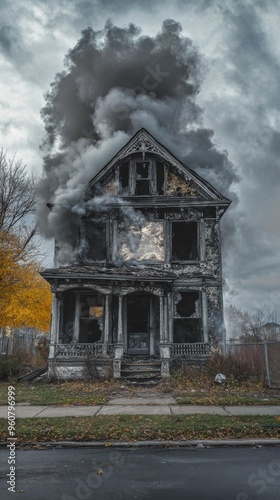 A dilapidated Victorian-style house is engulfed in flames with thick black smoke billowing into the sky, surrounded by overgrown vegetation, evoking a sense of desolation and destruction.