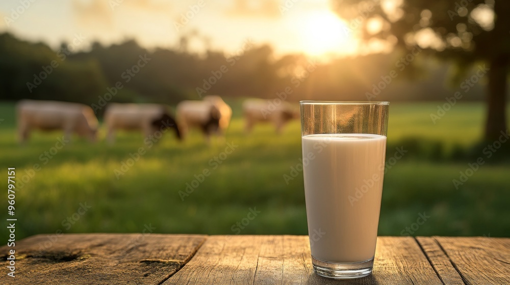 A refreshing glass of milk placed on a wooden table with cows grazing in the green pasture bathed in warm sunset light, symbolizing freshness and natural farming. Great for dairy themes.