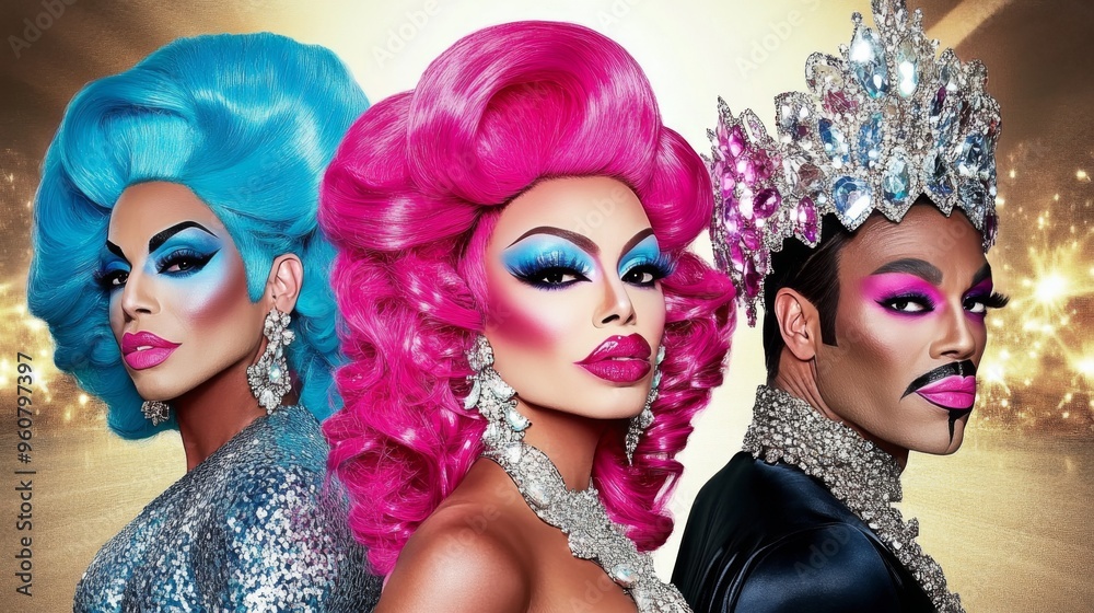 Fototapeta premium Three drag queens, extravagantly made up, pose in vibrantly colorful costumes and large hairstyles, radiating confidence and theatrical flair against a dazzling background.