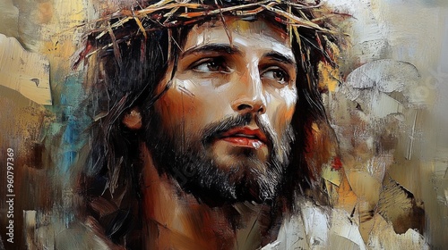 An oil painting style depiction of a man with long hair and a crown of thorns gazing upwards, illustrating a serene and introspective expression with textured strokes. photo