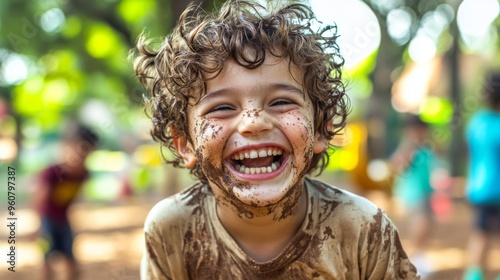 A joyful boy with curly hair and a face smeared with mud smiles broadly, engaging in playful outdoor activity, with other children visible in the background amidst natural scenery.
