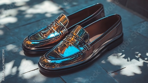 A pair of shiny silver loafers on a stone floor with a shadow. photo