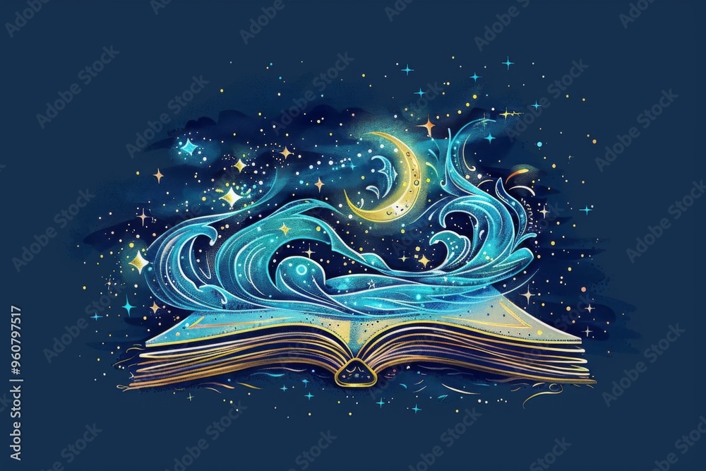 Illustration of an open book releasing magical waves under a night sky adorned with stars and a crescent moon, evoking a sense of wonder, imagination, and the magic of storytelling. Illustration of an open book releasing magical waves under a night sky adorned with stars and a crescent moon, evoking a sense of wonder, imagination, and the magic of storytelling.