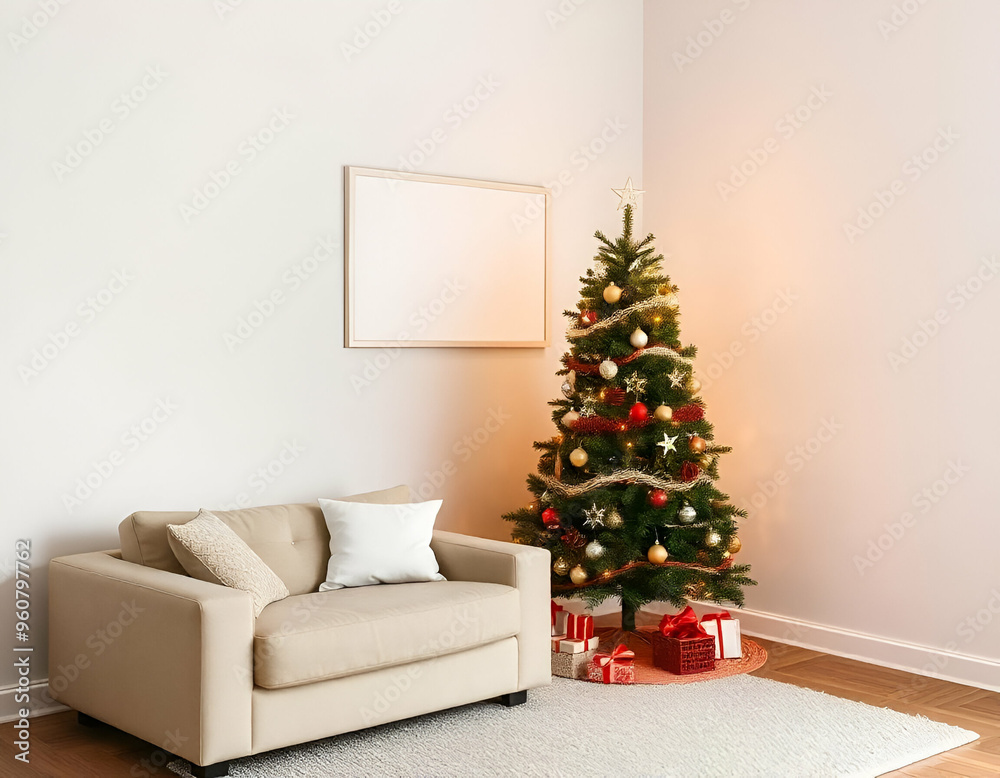 A beige sofa, a Christmas tree, and an empty white frame are present in the living room. A beige sofa, a Christmas tree, and an empty white frame are present in the living room.