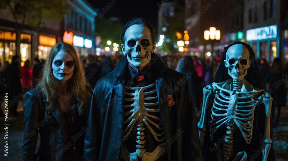 Group of spooky skeleton-themed characters with face paint and costumes at Halloween night festival Group of spooky skeleton-themed characters with face paint and costumes at Halloween night festival