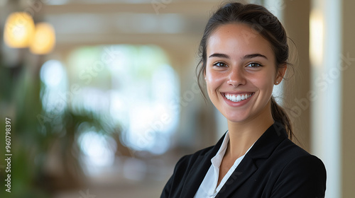 beautiful female hotel manager smiling at the camera, showcasing her positive attitude and professional expertise. Suitable for visuals focusing on hotel leadership, staff professi