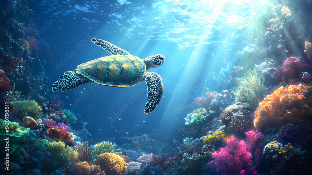 Fototapeta premium Beautiful sea with colorful coral reefs and green turtle swimming in the water, sun rays shining on clear blue sky, fantasy underwater world concept. Underwater World. Illustration