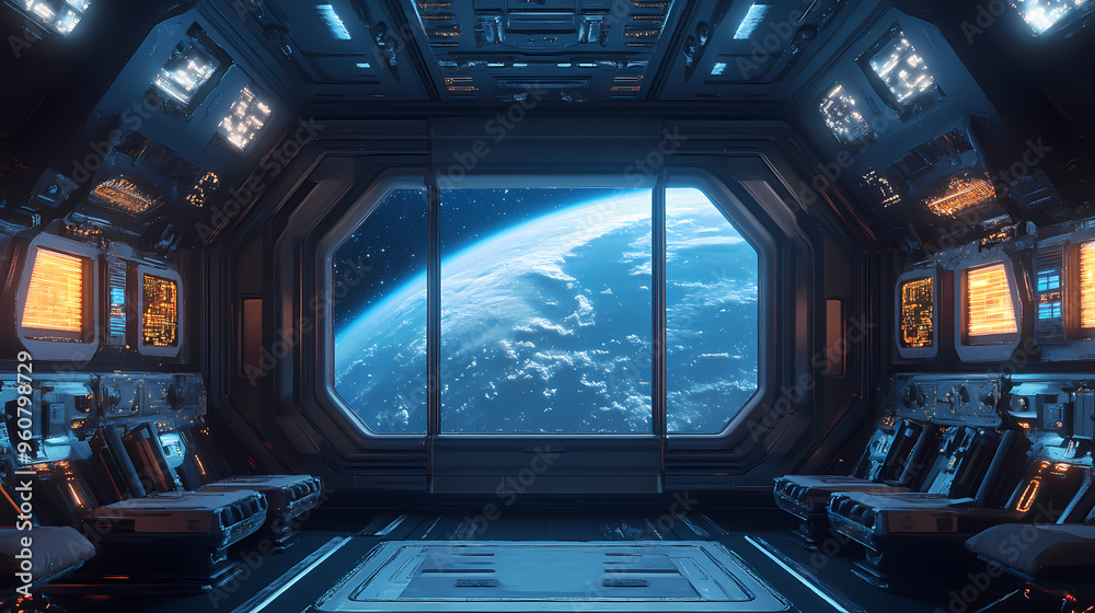 Dark blue spaceship futuristic interior with window view on space and planets 3d rendering. Space Station. Illustration Dark blue spaceship futuristic interior with window view on space and planets 3d rendering. Space Station. Illustration