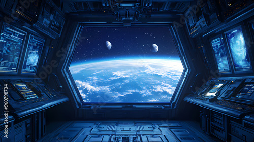 Fototapeta Naklejka Na Ścianę i Meble -  Dark blue spaceship futuristic interior with window view on space and planets 3d rendering. Space Station. Illustration