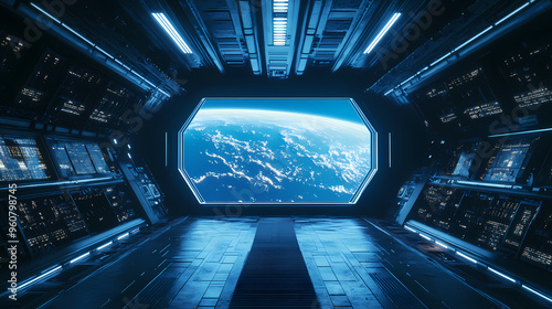 Fototapeta Naklejka Na Ścianę i Meble -  Dark blue spaceship futuristic interior with window view on space and planets 3d rendering. Space Station. Illustration