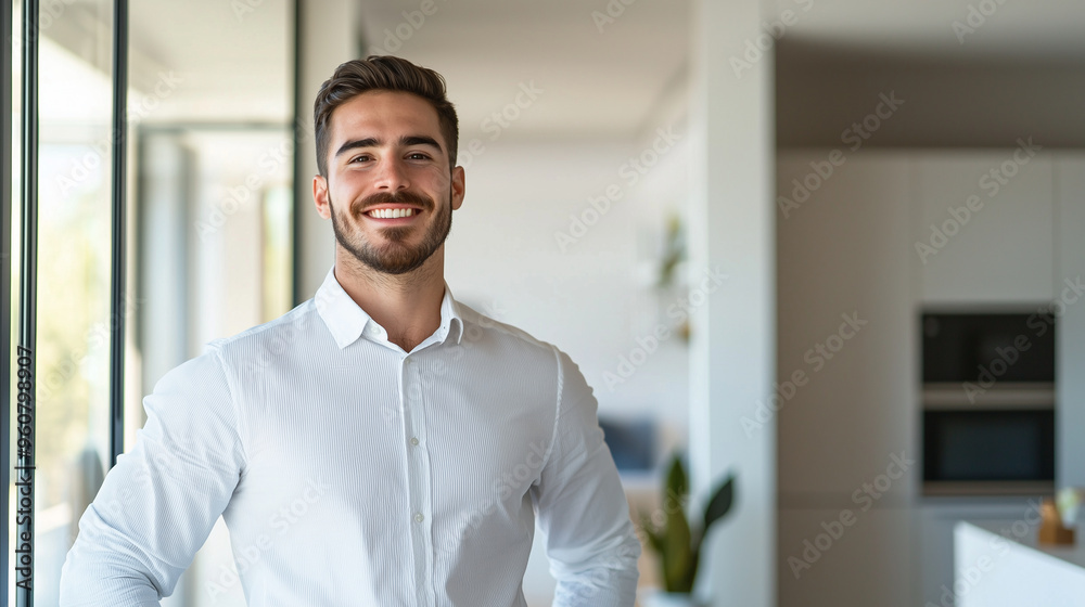 vibrant portrait of a young businessman in his newly purchased apartment, capturing the excitement of real estate investment and relocation. Perfect for visuals showcasing property vibrant portrait of a young businessman in his newly purchased apartment, capturing the excitement of real estate investment and relocation. Perfect for visuals showcasing property