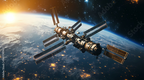 Fototapeta Naklejka Na Ścianę i Meble -  Gigantic space station in orbit of planet earth. Space Station. Illustration