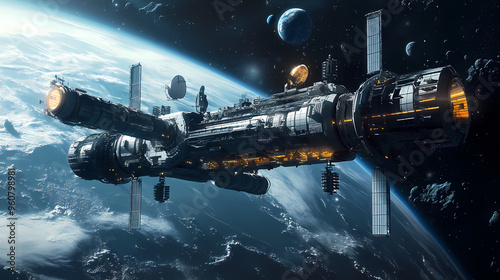 Fototapeta Naklejka Na Ścianę i Meble -  Gigantic space station in orbit of planet earth. Space Station. Illustration