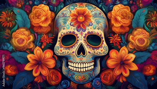 Festive Dia de los Muertos poster in a vibrant, decorative style with intricate patterns and skull. Mexican skull for day of the dead background. Graphic art illustration