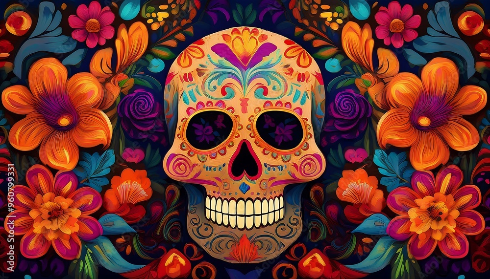 Festive Dia de los Muertos poster in a vibrant, decorative style with intricate patterns and skull. Mexican skull for day of the dead background. Graphic art illustration. Ai generated Festive Dia de los Muertos poster in a vibrant, decorative style with intricate patterns and skull. Mexican skull for day of the dead background. Graphic art illustration. Ai generated