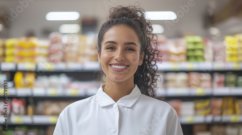 portrait of a happy female supermarket manager smiling directly at the camera, reflecting her confidence and competence in her role. Perfect for depicting retail management, profes