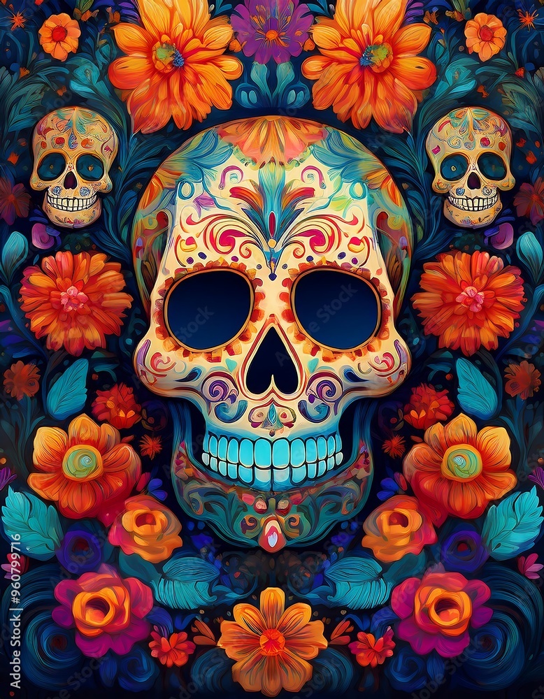 Festive Dia de los Muertos poster in a vibrant, decorative style with intricate patterns and skull. Mexican skull for day of the dead background. Graphic art illustration flyer Festive Dia de los Muertos poster in a vibrant, decorative style with intricate patterns and skull. Mexican skull for day of the dead background. Graphic art illustration flyer