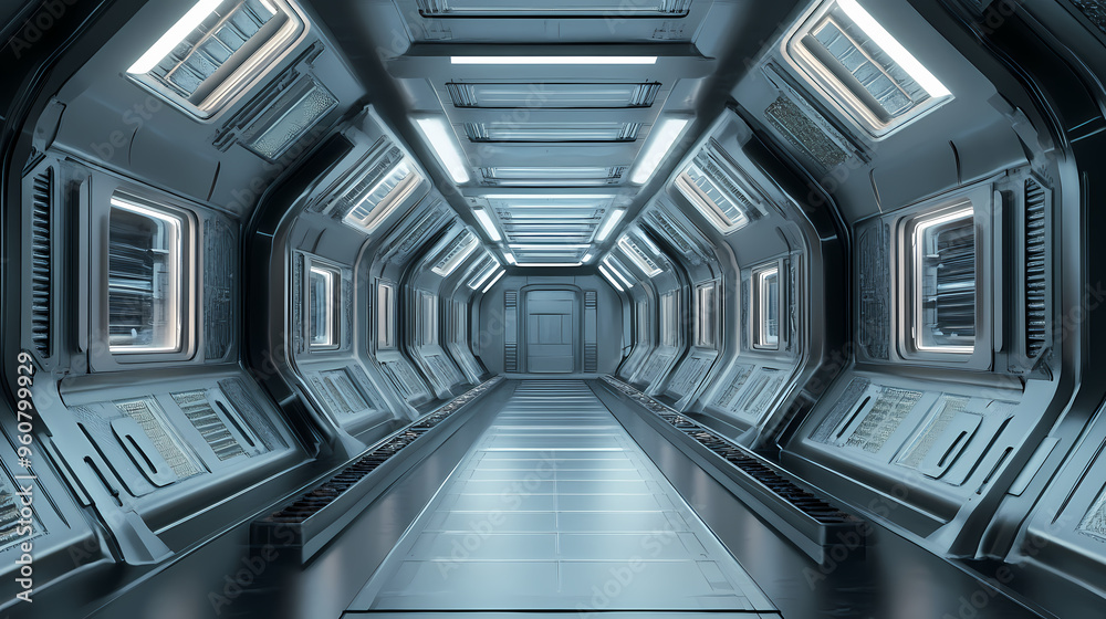 Obraz premium A futuristic space station with a long hallway and many windows. Space Station. Illustration