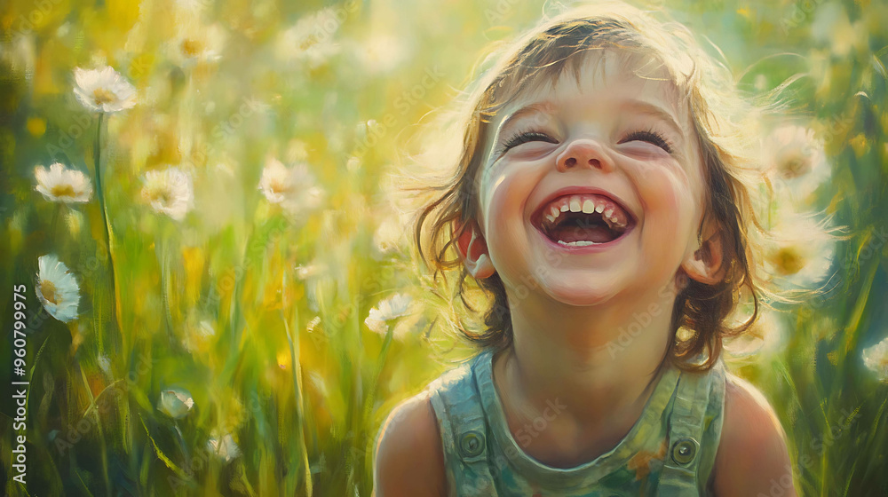 A happy young girl laughs in a field of wildflowers. A happy young girl laughs in a field of wildflowers.