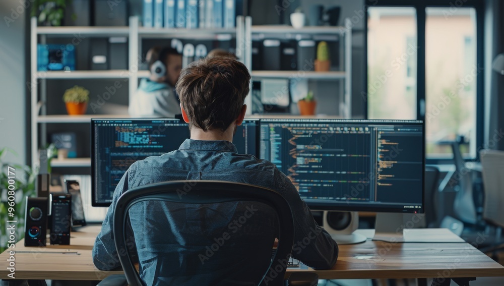 Fototapeta premium Software developer is sitting at his desk, coding on multiple monitors with code lines in the background of an office environment technology showcasing software development