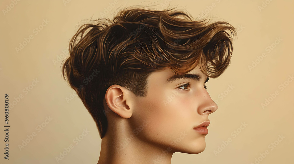 Close-up portrait of a young man with stylish brown hair. Close-up portrait of a young man with stylish brown hair.