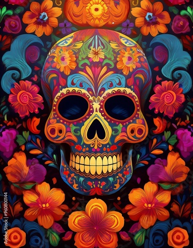 Mexican skull for day of the dead background. Festive Dia de los Muertos vertical poster in a vibrant, decorative style with intricate patterns and skull. Graphic art illustration