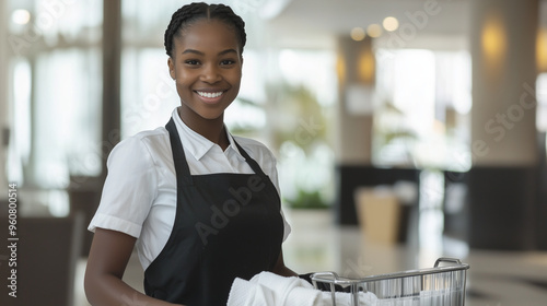 happy black chambermaid organizing and restocking her housekeeping trolley in a hotel setting, emphasizing her efficiency and positive attitude. Perfect for visuals focused on hote photo