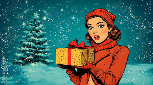 pop art comic style illustration of a woman with a gift and a red hat for christmas