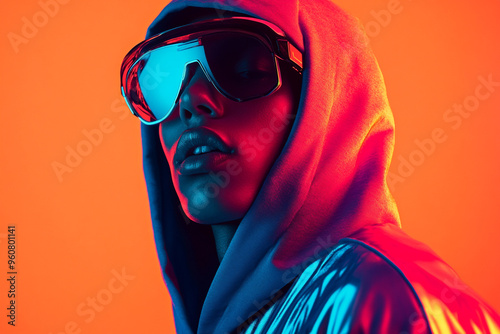 Trendy Men Sporting Chrome Hoodie with Solid Neon Coral Background Fashion Lifestyle Portrait, Bold Look