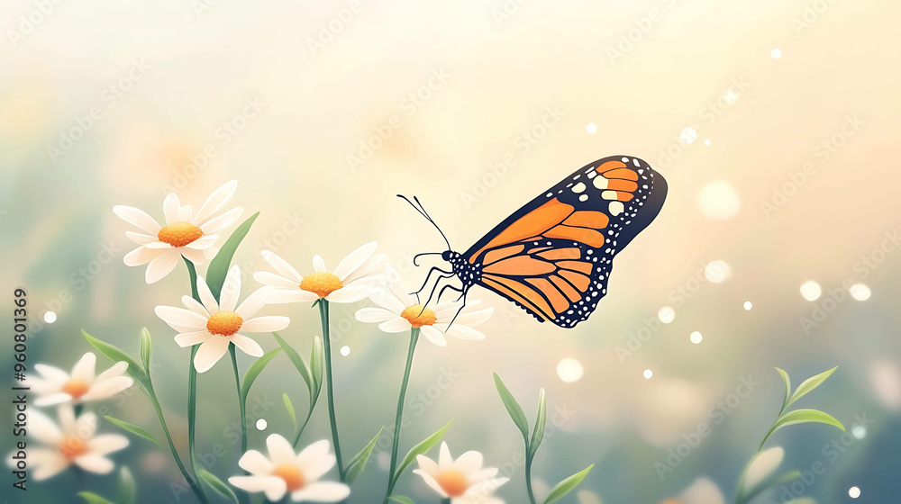 A beautiful monarch butterfly perched on a daisy flower in a field of daisies. A beautiful monarch butterfly perched on a daisy flower in a field of daisies.