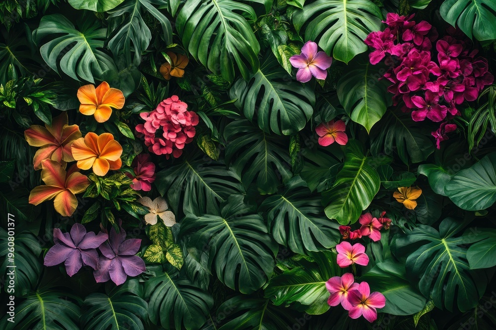 Lush tropical foliage with vibrant flowers native to Latin America, creating a dense, colorful background