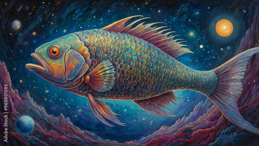 A vibrant fish swims through a starry sky. A vibrant fish swims through a starry sky.