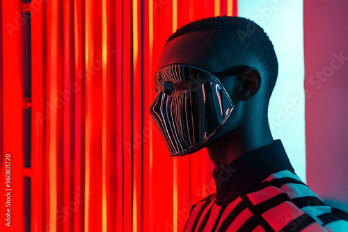Fashion Portrait of Men Wearing Chrome Face Mask with Solid Neon Coral Background Trendy and Modern