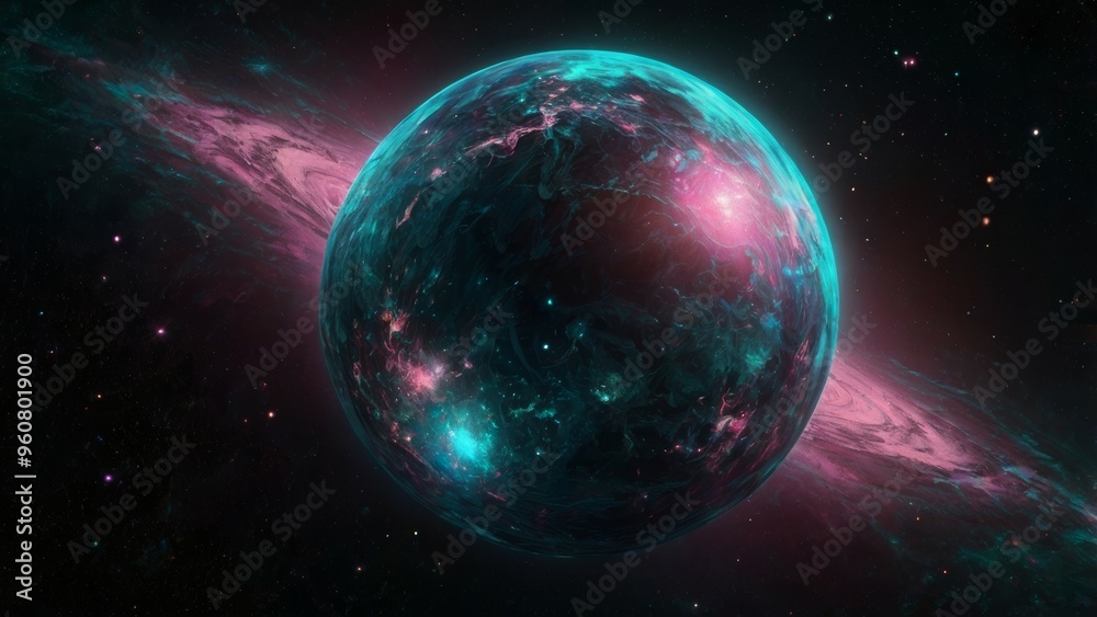 A teal and pink planet in space. A teal and pink planet in space.