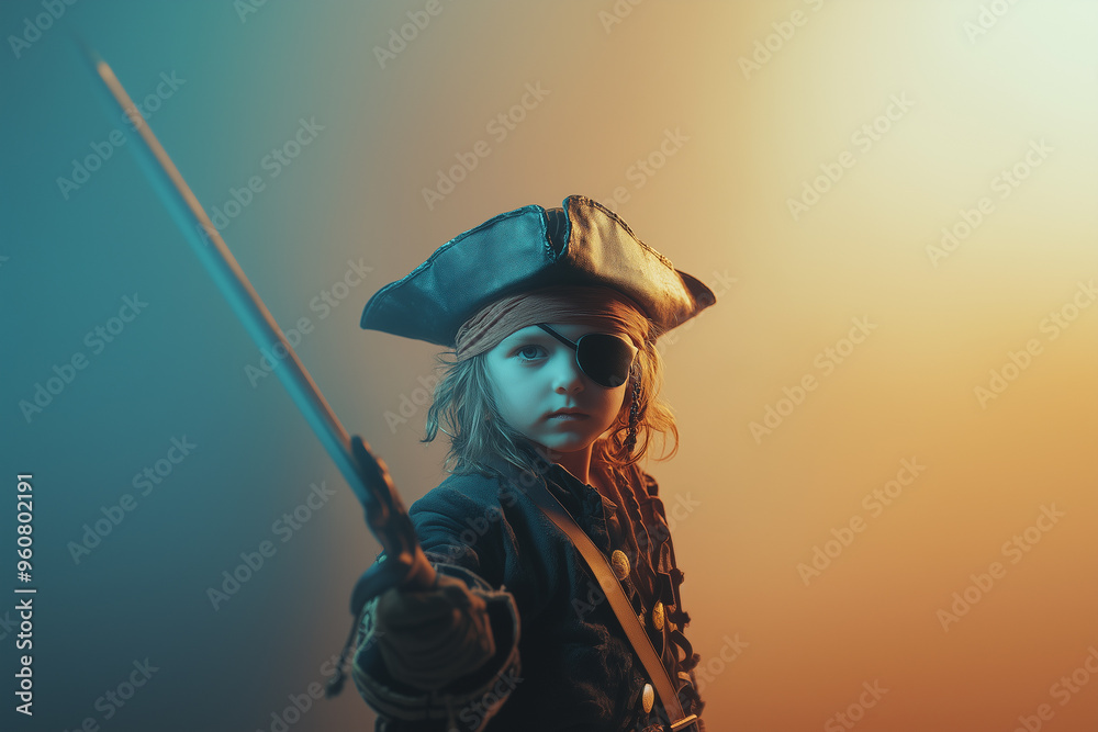 Obraz premium A little pirate with a hat, eyepatch, and toy sword, isolated on white background, Halloween, kids, trick or treat, spooky, festive