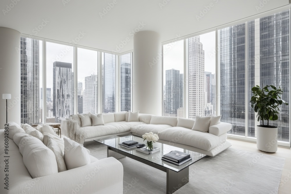 Fototapeta premium A large white living room with a glass coffee table and a potted plant. The room has a modern and minimalist design, with white furniture and a clean, uncluttered look