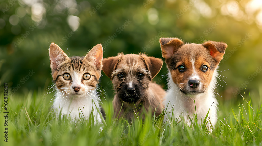 Group Pets Two Cats And Couple Dogs Walking Group Pets Two Cats And Couple Dogs Walking