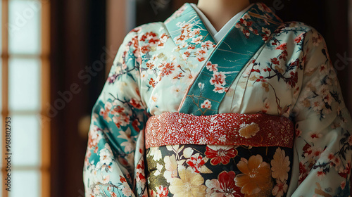 A woman wearing a traditional Japanese kimono with floral patterns.