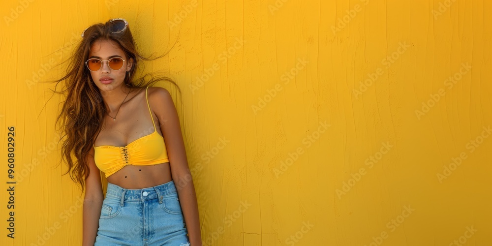 Fototapeta premium Young woman in yellow crop top and denim shorts wearing sunglasses leaning against yellow wall.
