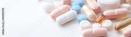Assorted colorful pills, tablets, and capsules scattered on white background. Pharmaceutical and healthcare concept image.