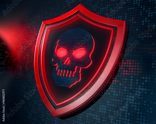 Digital Ransomware Defense with Cracked Screen, Binary Skull, and Red Shield