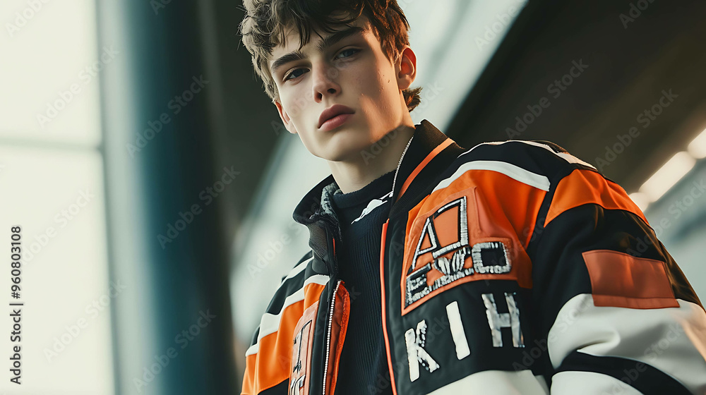 Obraz premium Young man wearing a black and orange jacket with a serious expression.