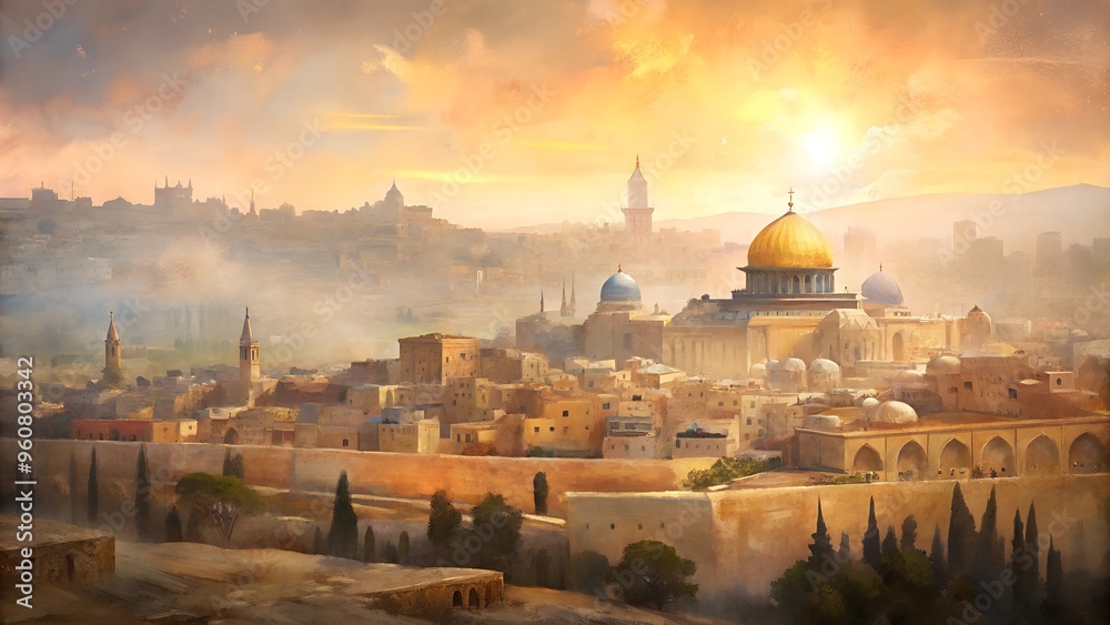 Fototapeta premium Ancient Jerusalem landscape at sunset with warm colors and historical architecture